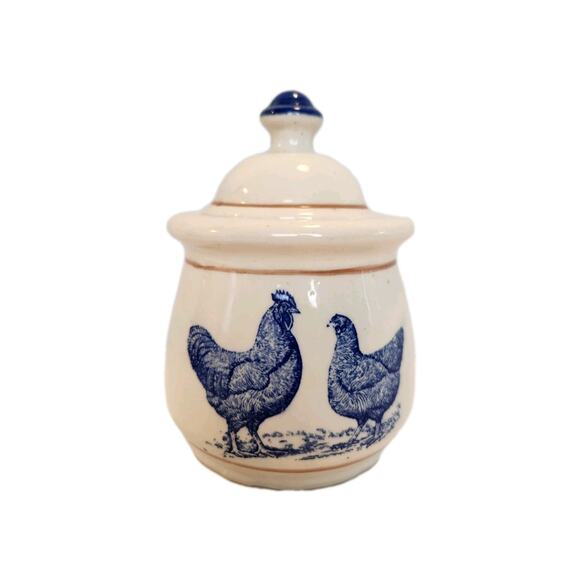 Vtg MCM Farmhouse Shabby Cottage Rooster Cobalt Ceramic Transfer Ware Canister - Picture 1 of 6